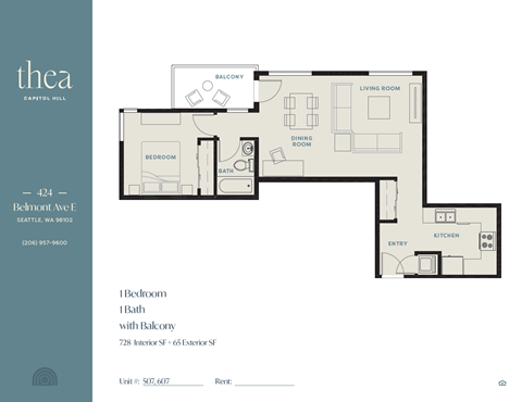 Floor plan for 1 bed, 1 bath, 728 sqft